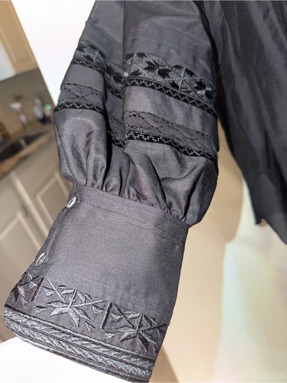 Kobi Halperin Shay Black Lace Inset Silk Blend bishop Sleeve Blouse Sz S NWT - Picture 7 of 15